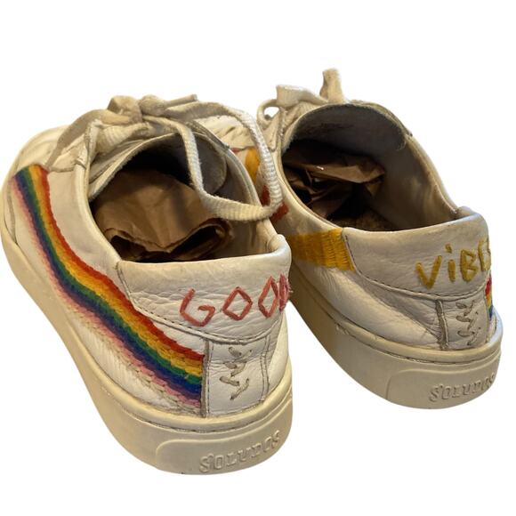 Soludos x Lockhart Embroidery Good Vibes White Leather Rainbow Hippie Shoes Sz 8 - Picture 4 of 16
